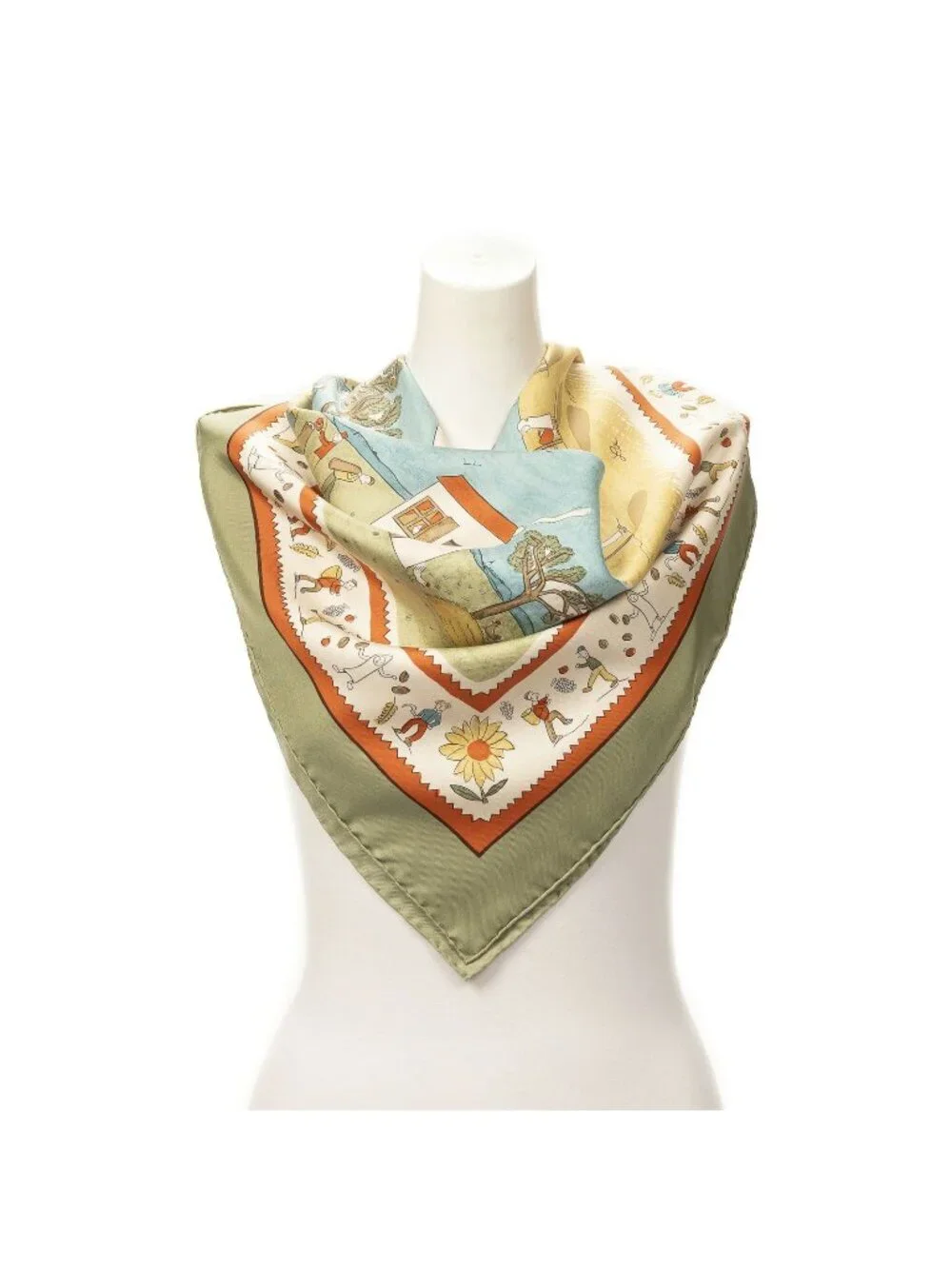 Hermes Scarf Green Blue Ivory 100% Twill Silk